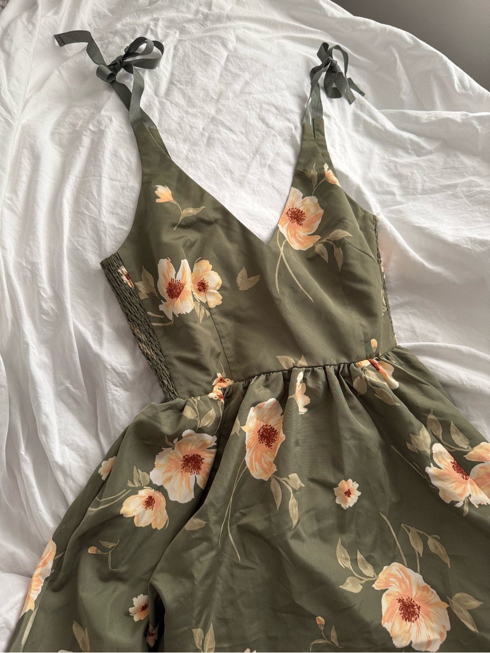 Olive Green Floral Tie-Shoulder Sundress